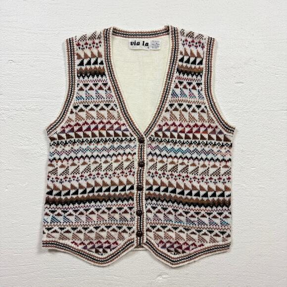 Vintage 90s Via L.A. Fair Isle Knit Sweater Vest Geometric Pattern, Size Medium - Picture 1 of 5